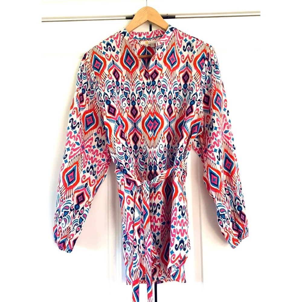 Boden Linen Tunic Blouse Colorful Printed Shirt Long Sleeve Tie Waist NEW Size 4